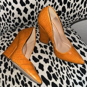 Orange croc wide heel pumps